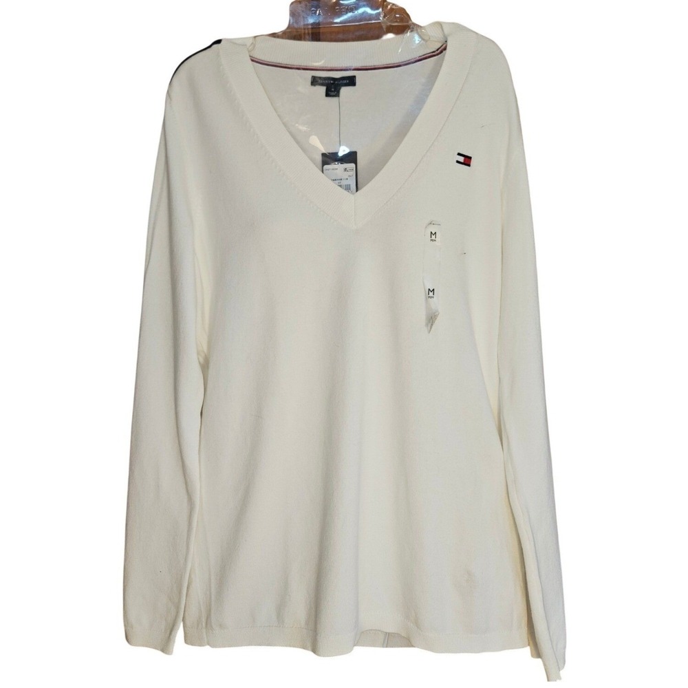 Tommy Hilfiger Womens White V-Neck Sweater Stripe Sleeve Logo 76A0468 Size M NEW